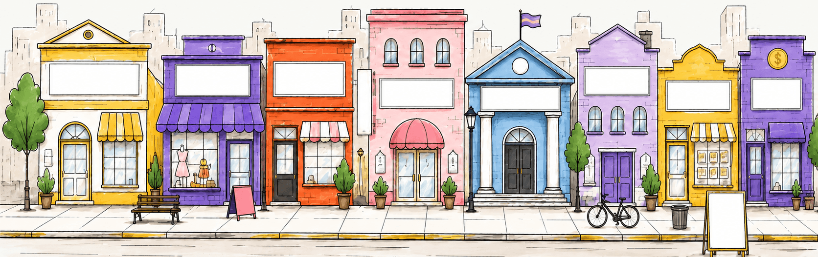 A street of shopfronts, one for each industry we have delivered training for