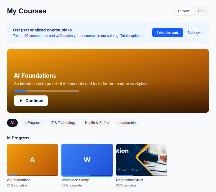 ZillionLMS My Courses page, browsed Netflix-style by category