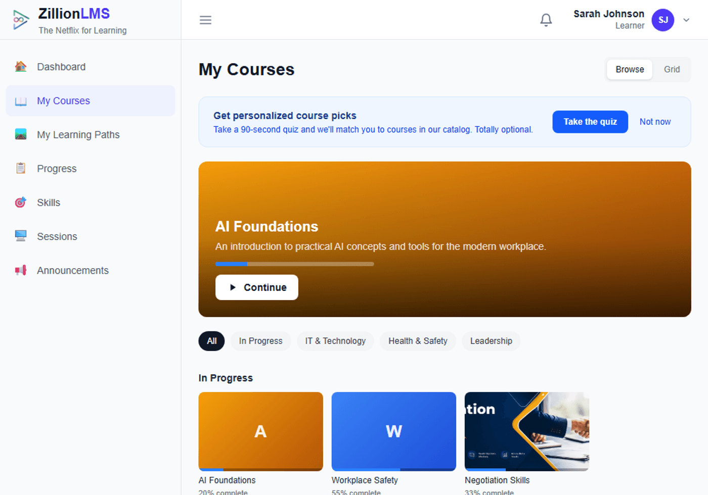 ZillionLMS My Courses page, showing in-progress course cards